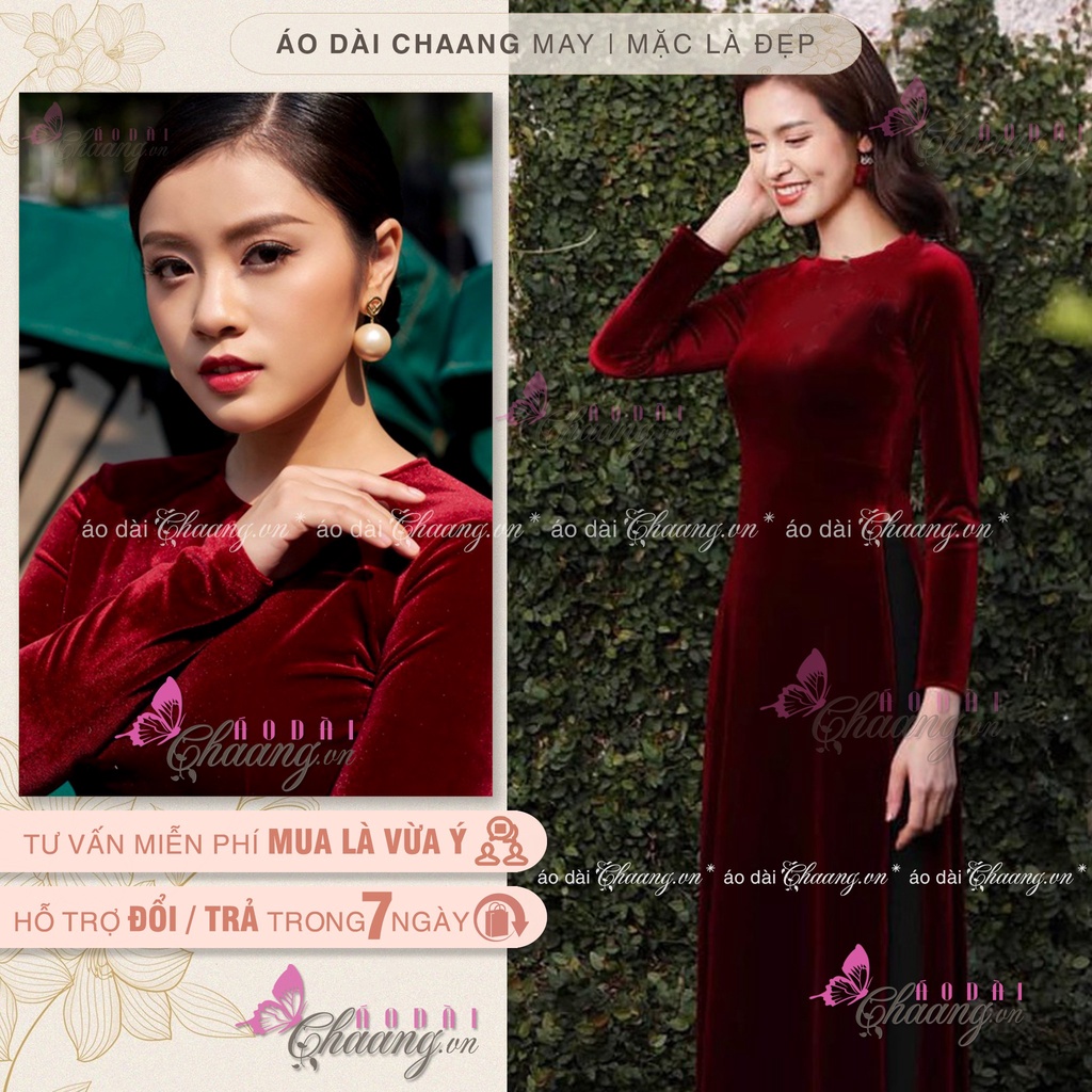 Áo dài nhung cổ tròn_Chaang_May sẵn áo dài đẹp, vải nhung đỏ đô đậm sang trọng
