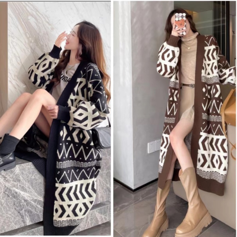 Áo Khoác Cardigan Dệt Kim Dáng Dài Form Rộng Phong Cách Retro Hàn Quốc
