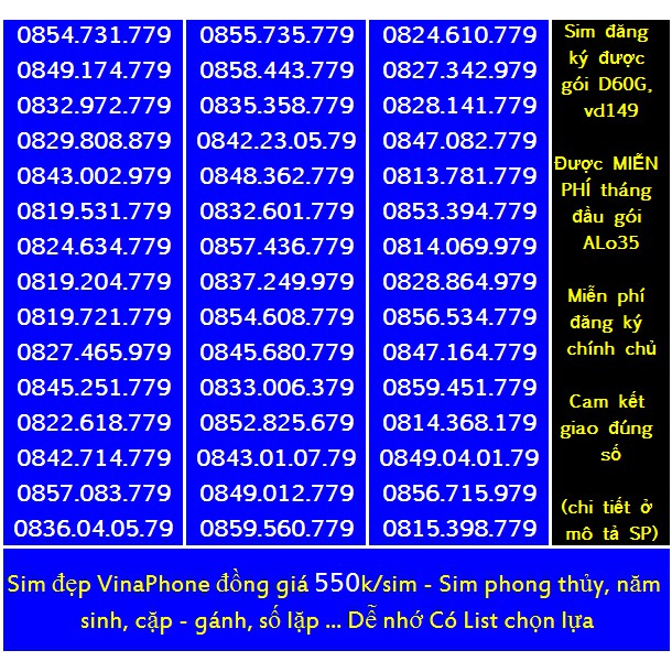 Sim Vina số đẹp 550k Miễn phí ĐK chính chủ Miễn phí gói ALO35 tháng đầu, ĐK được gói VD149-D60G...(xem ở chi tết)