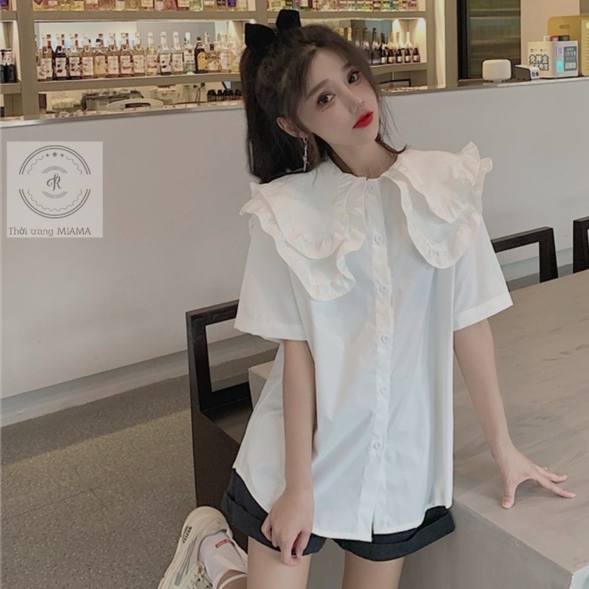 Áo sơ mi nữ tay ngắn form rộng vừa họa tiết cổ tròn bèo kiểu dáng hàn quốc - Áo sơ mi trắng cộc tay lỡ đi học không túi