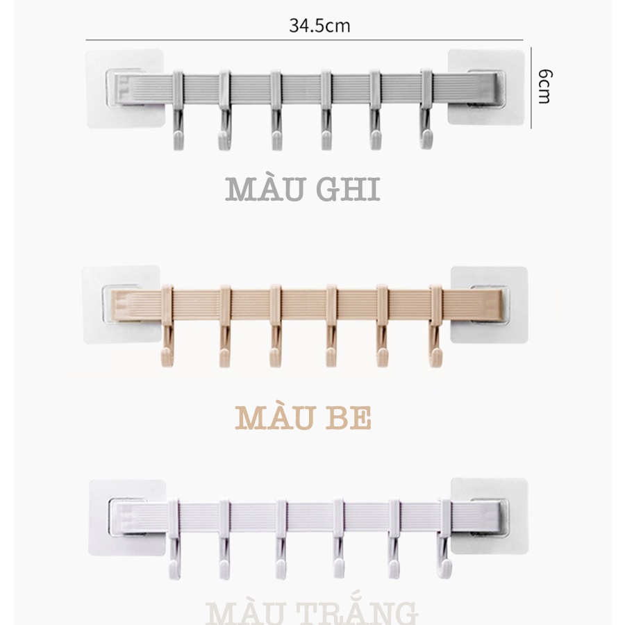 Thanh Treo Đồ 6 Móc Dán Tường Nhà Tắm,Nhà Bếp, Tủ Quần Áo không cần Khoan Đục Siêu Chắc G009