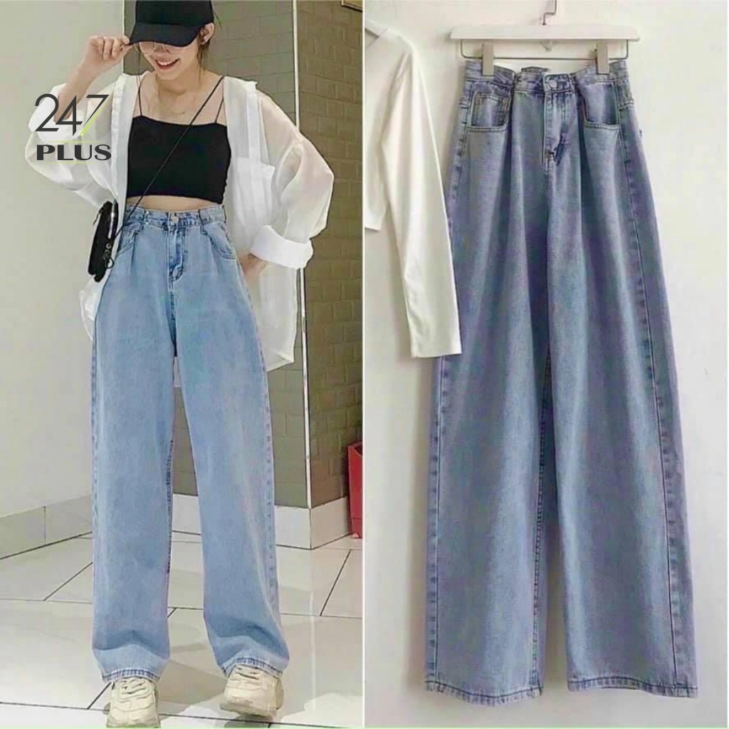 Quần Culottes Jean cạp cao năng động thụng móc cài dài 100cm