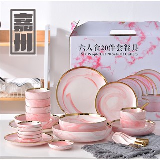 (set) Bộ chén đĩa vân đá loang hồng phong cách tối giản cực đẹp, cực sang