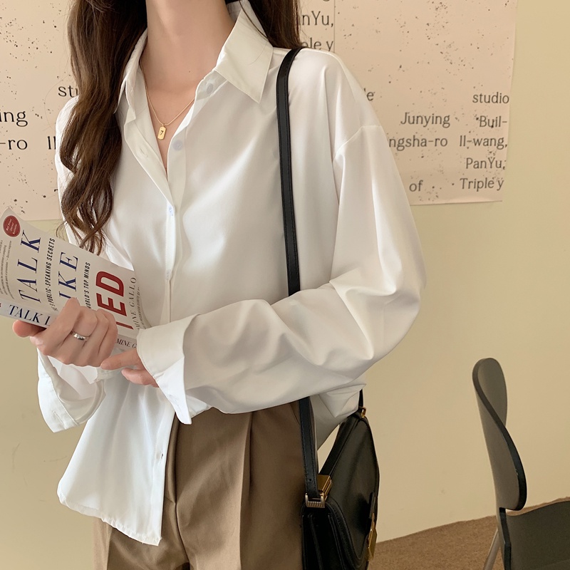 SUXI Áo sơ mi nữ tay dài cổ bẻ đơn giản phong cách Hàn Quốc