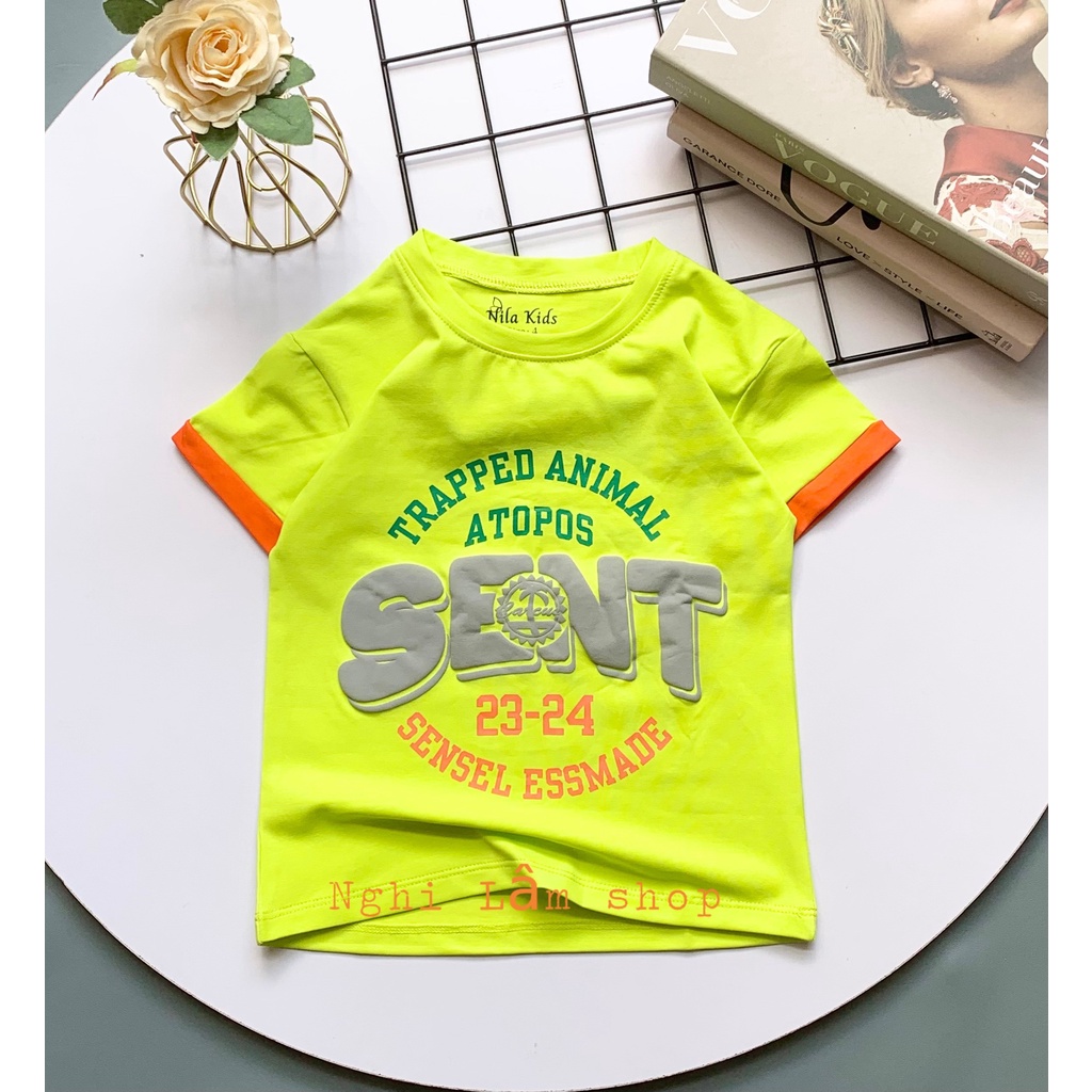 Áo thun ngắn tay bé trai chất liệu thun cotton 100% in chữ SENT cho bé từ 10-36kg