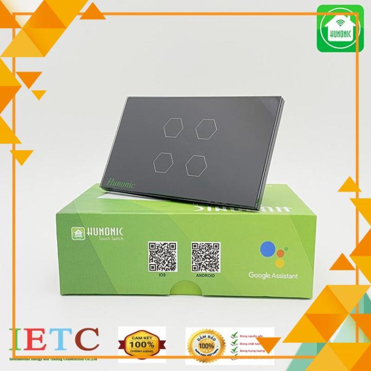 CÔNG TẮC CẢM ỨNG WIFI│HẸN GIỜ TỰ ĐỘNG HUNONIC 4 NÚT ĐEN│Thiết bị nhà thông minh cao cấp, hàng Việt Nam mới nhất 2020