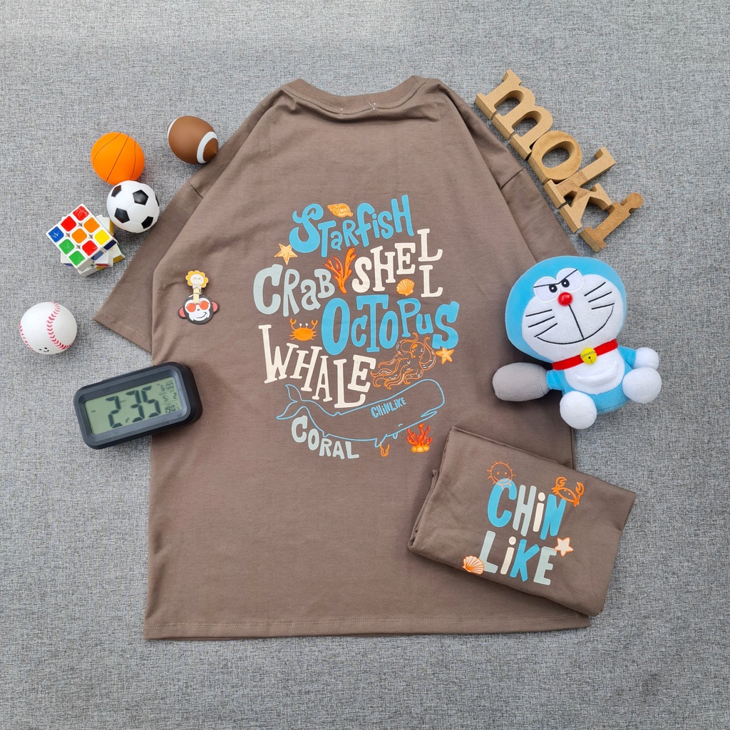 Áo phông áo thun nam nữ tay lỡ from rộng freesize chất cotton thoáng mát in  hình động vật biển và chữ cách điệu
