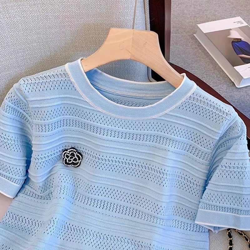 Áo len mỏng cổ tròn đính hoa dáng vừa, Áo kiểu len đính hoa ngắn tay AL7540 - NhiNhi Shop