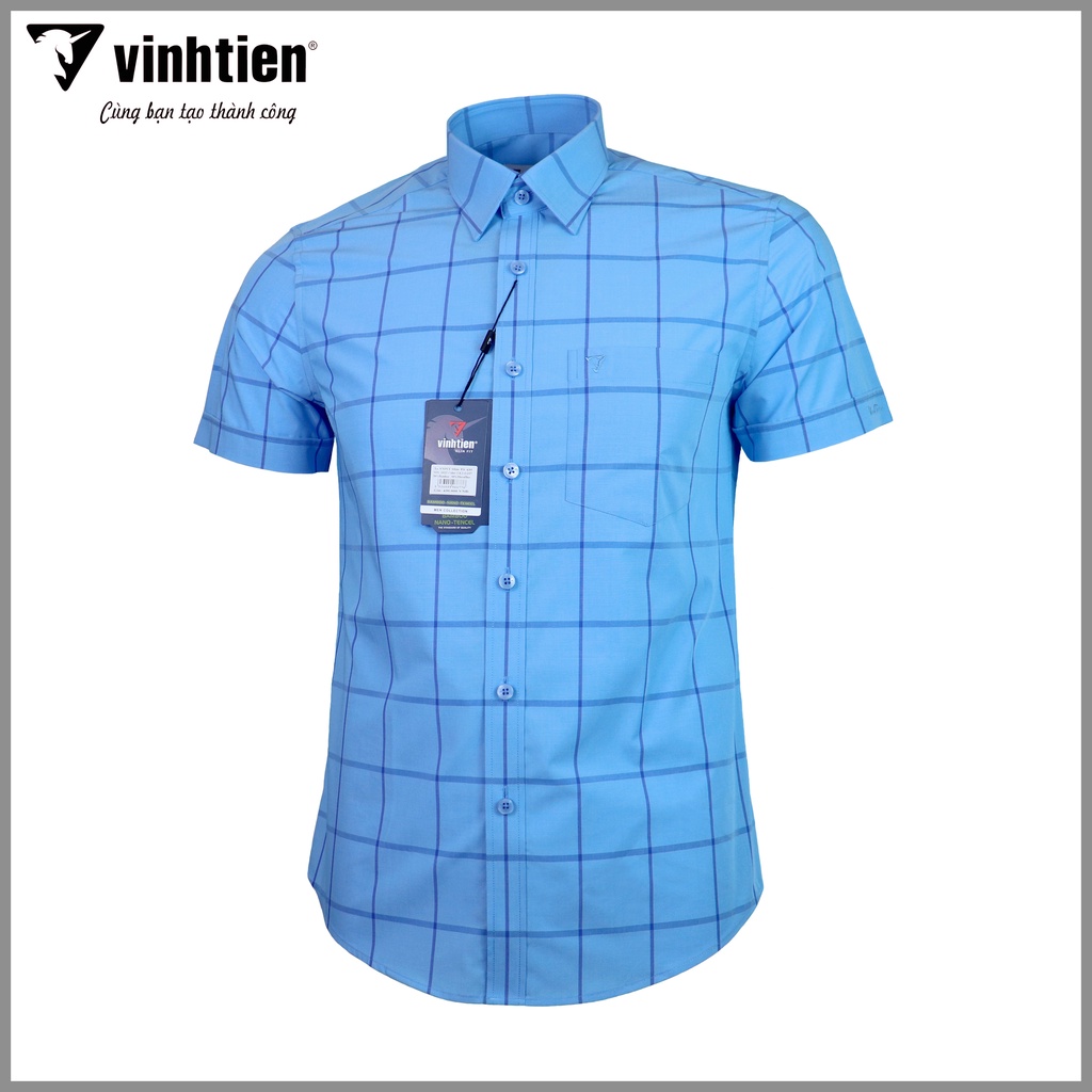 Áo Sơ Mi Nam Tay Ngắn Sọc Caro Bamboo Vĩnh Tiến Form Slimfit Vạt Bầu 430 - G297