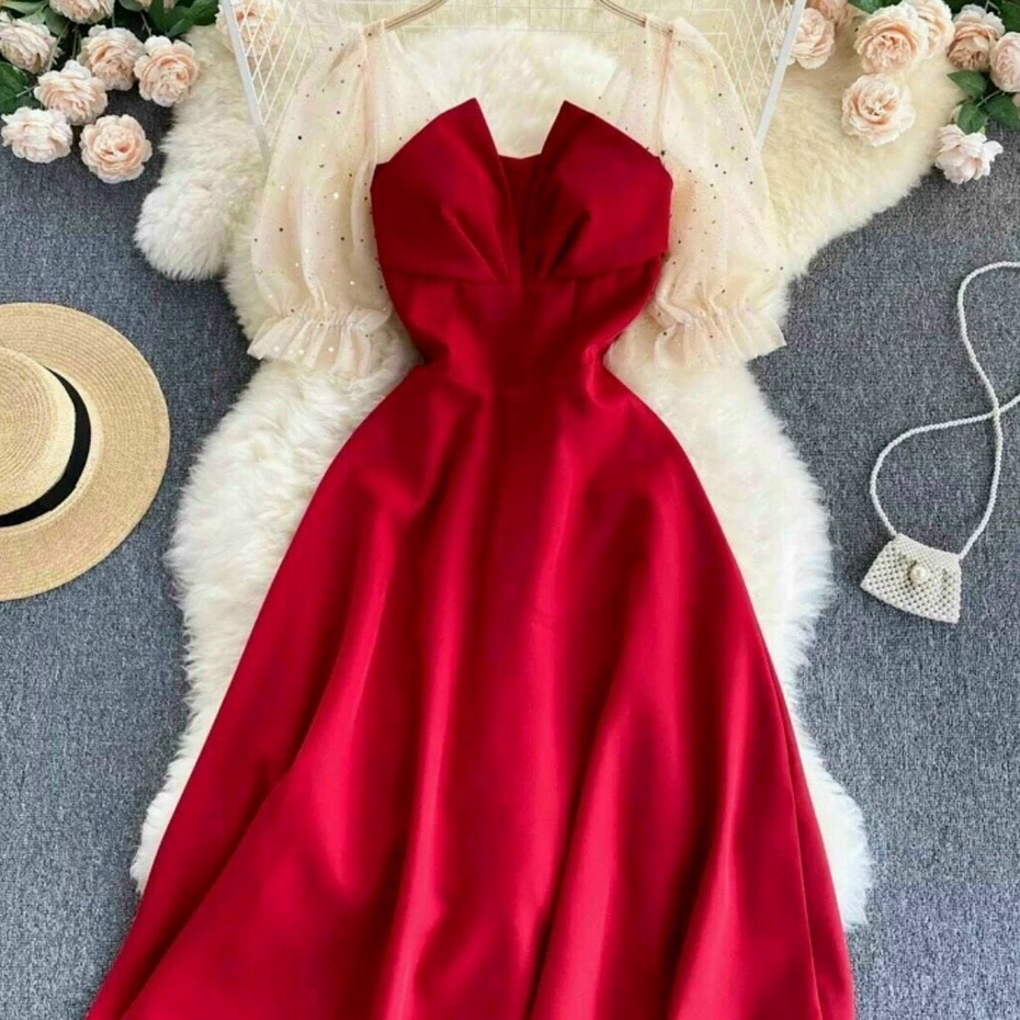 Đầm Xòe Dự Tiệc Dạo Phố Thiết Kế Cổ Vuông Tay Phối Lưới Chấm Bi Sang Chảnh Xinh Sắn Thời Trang Váy Nữ Xm Minh Phúc