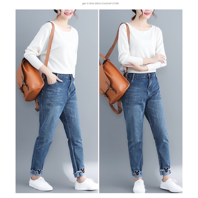 quần jean dài big size màu xanh wash lai mickey size 85-120kg