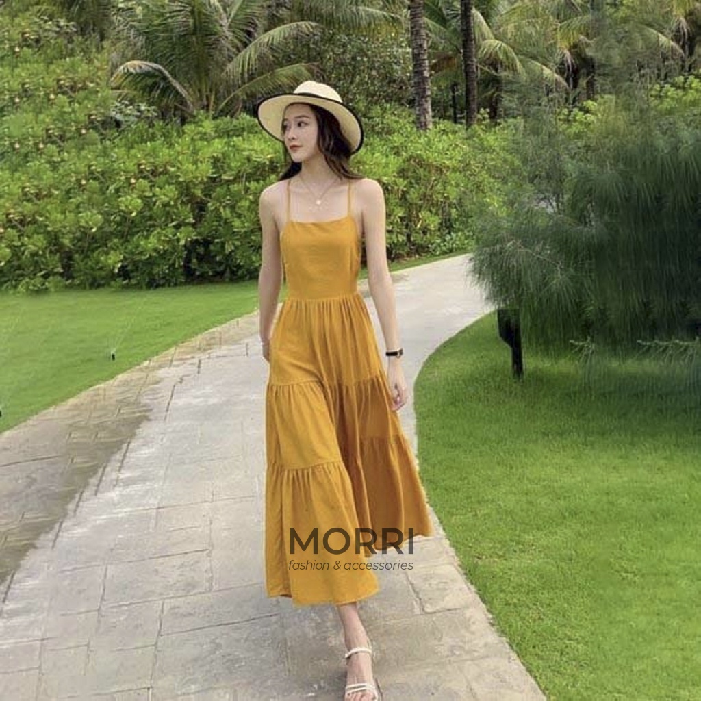 Đầm Đi Biển - Váy Đầm Maxi Dài Dáng Xòe Hai Dây Cổ Vuông Đan Dây Thiết Kế Siêu Xinh