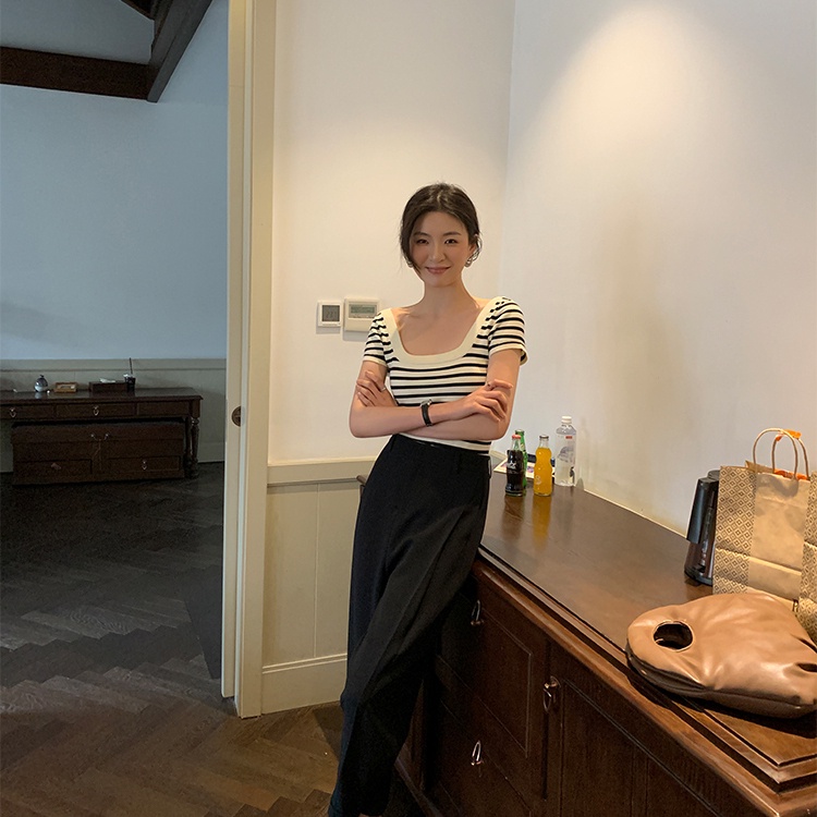 SUXI Áo Dệt Kim Tay Ngắn Cổ Vuông Dáng Rộng Họa Tiết Kẻ Sọc Thời Trang Mùa Hè Xinh Xắn Cho Nữ