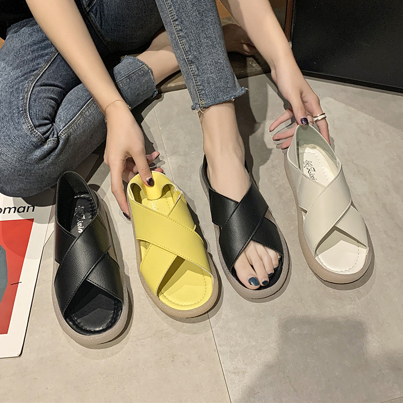 IELGY Xăng Đan Nữ Đế Bằng Quai Chéo Kiểu Dáng Đơn Giản Thời Trang