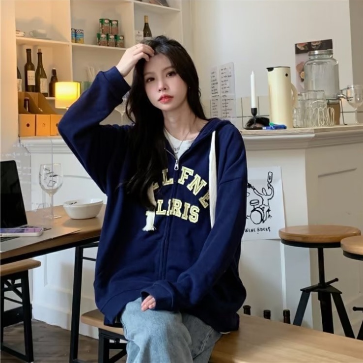Áo Khoác hoodie Tay Dài Có Khóa Kéo In Chữ Phong Cách Hàn Quốc Thời Trang Cho Nam Và Nữ