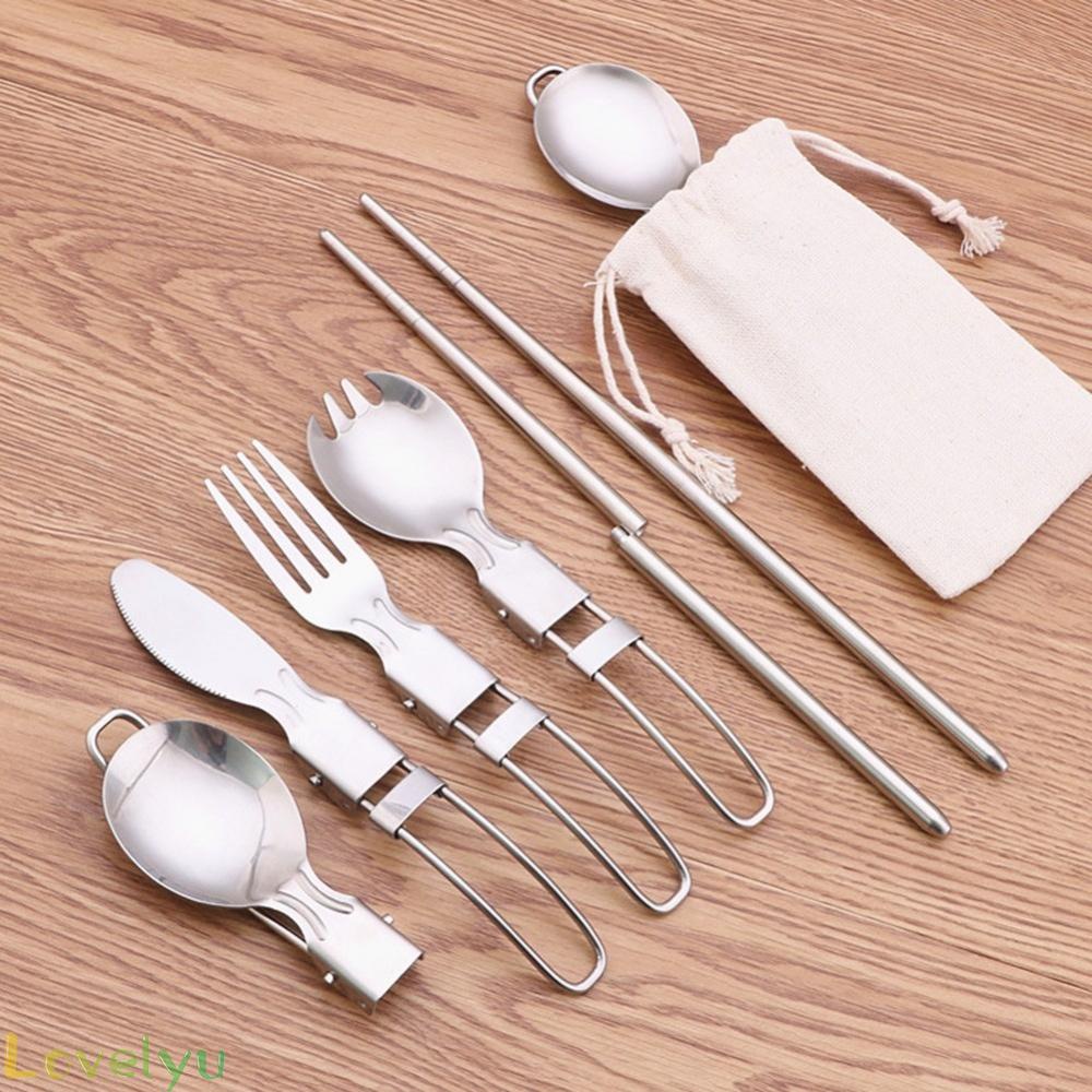 ◀READY▶Stainless Foldable Steel Fork Spoon Chopsticks Travel Camping Cutlery With Bag# Good Quality