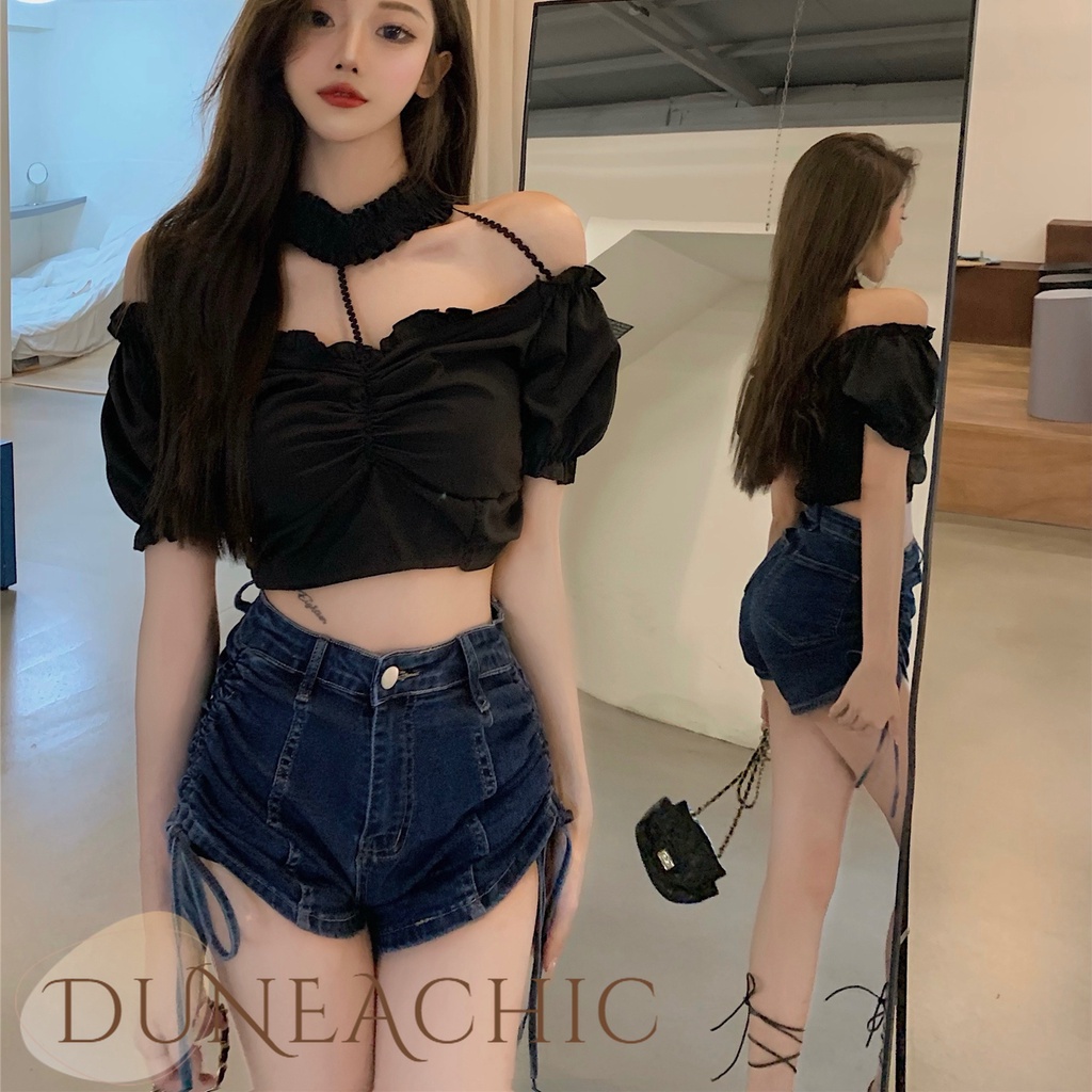 DUNEA Quần Short Denim Lưng Cao Dáng Chữ A Phối Dây Rút Gợi Cảm Dành Cho Nữ