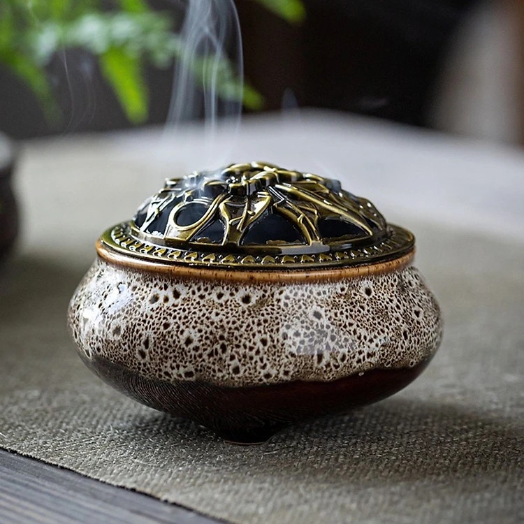 Lư xông trầm hương đỉnh đốt nhang gốm sứ TẶNG trụ đồng - Nhang Trầm Sạch Búp Sen  fpx