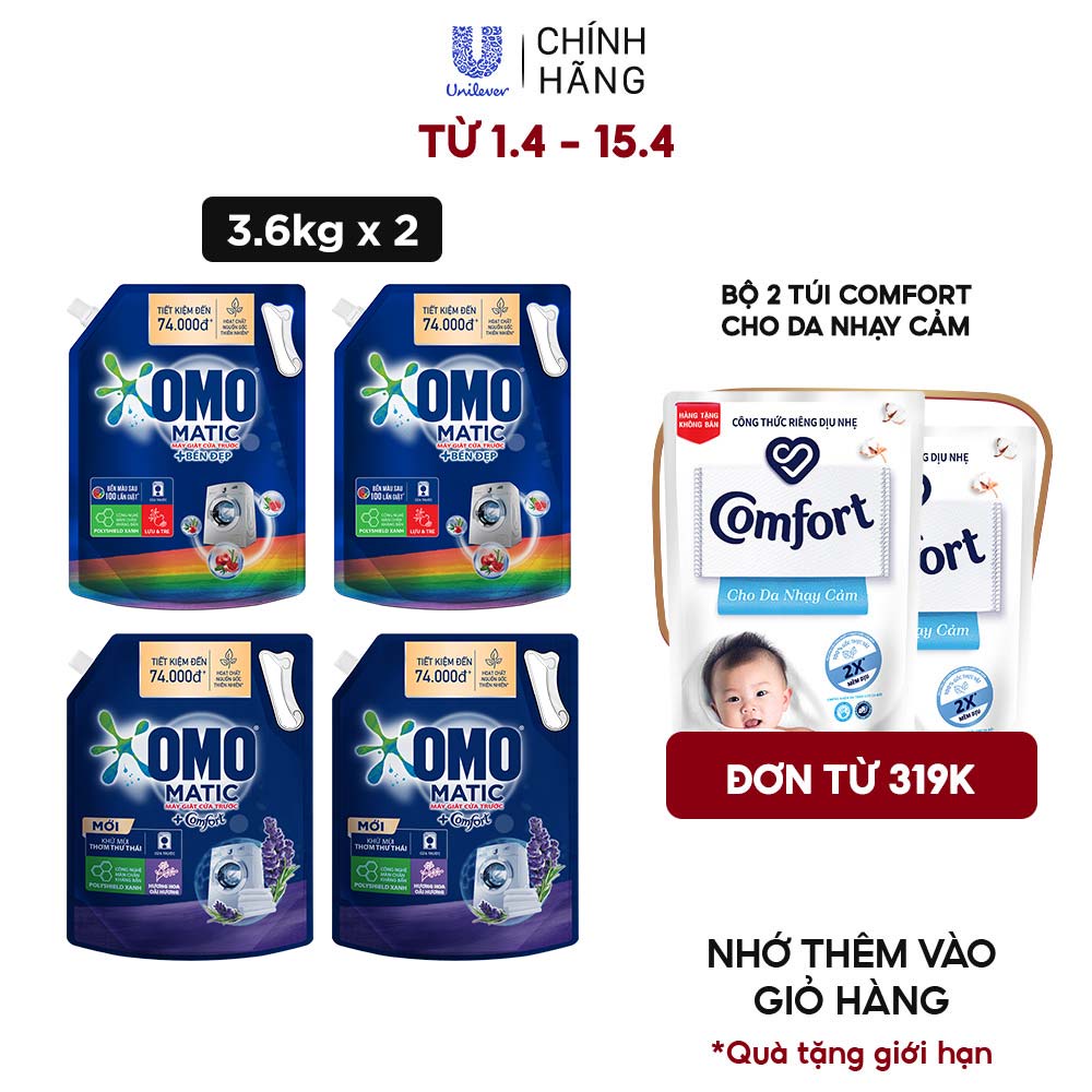 Combo 2 Túi Nước giặt OMO Matic chuyên dụng Cửa Trước 3.6kg/túi