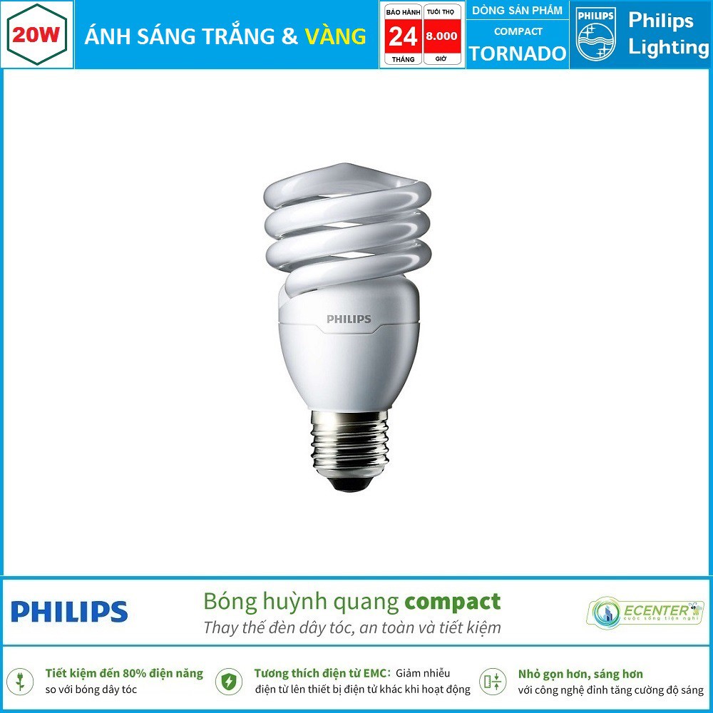 Đèn Compact Philips Tornado 20W CDL E27 ( Ánh sáng Trắng + Vàng )