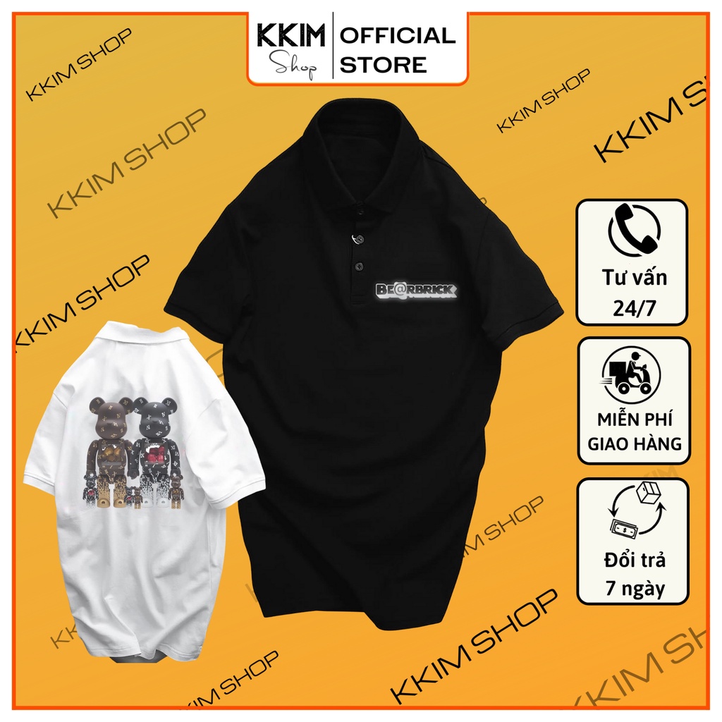 Áo POLO BEARBRICK, Áo thun có cổ Unisex nam nữ trắng đen, chất Thun Cá Sấu Poly Thái. KKIMSHOP
