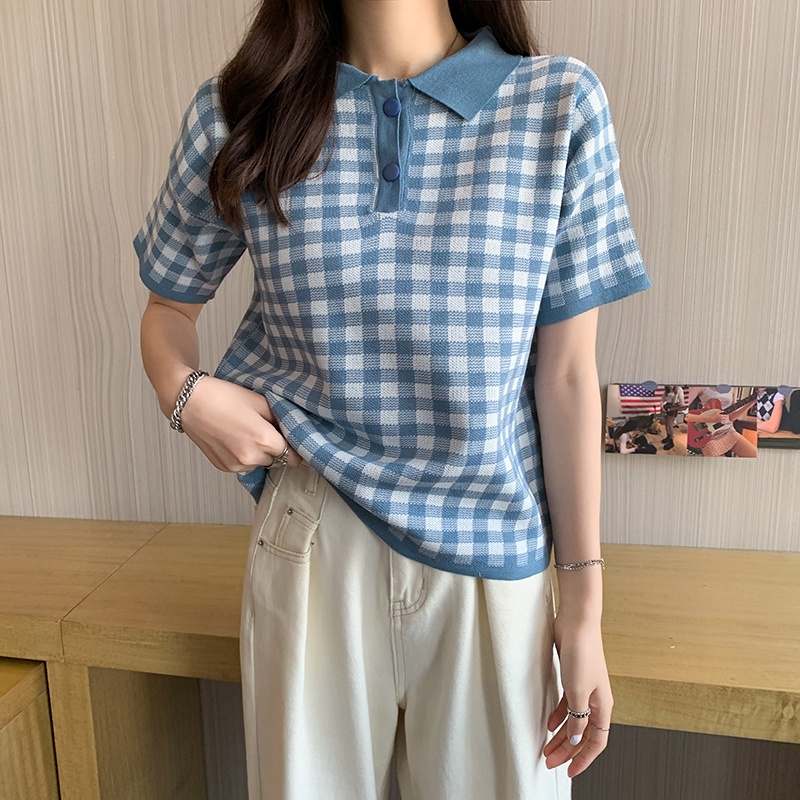 NZN Áo Dệt Kim Tay Ngắn Cổ Polo Họa Tiết Sọc Caro Phong Cách Hàn Quốc