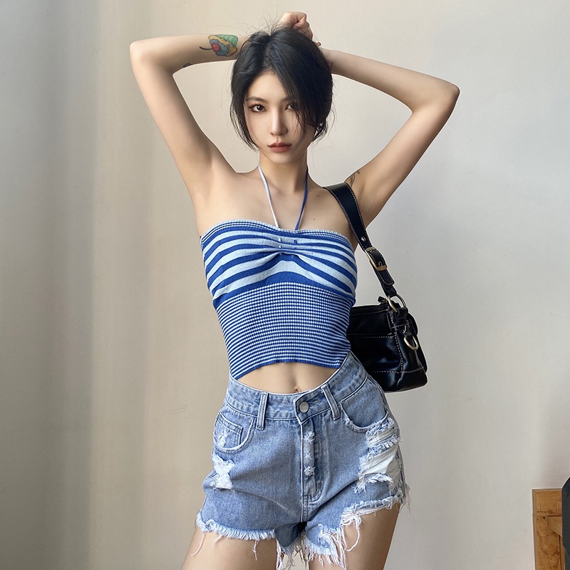 Kliou 2022 Mới vào mùa hè Áo kiểu KLIOU dáng ngắn hai dây hở lưng họa tiết kẻ sọc thời trang mùa hè dành cho nữ
