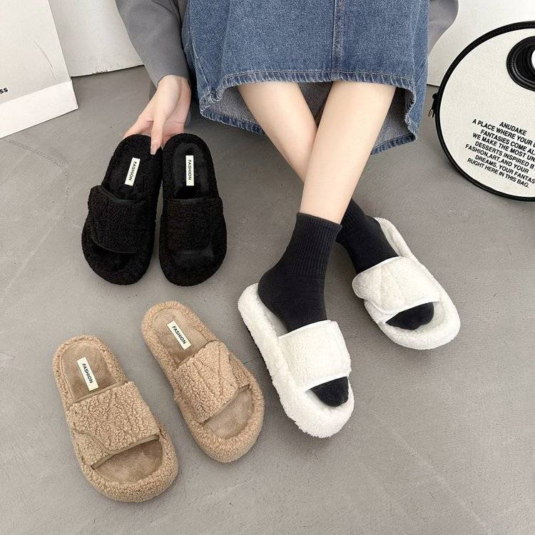 Dép Lông Xù Đế Dày Tăng Chiều Cao Thời Trang Mùa Đông Hàn Quốc Cho Nữ