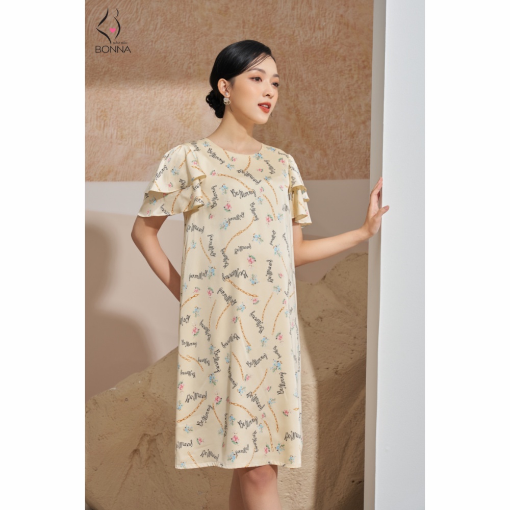 Váy bầu mùa hè BONNA dáng suông dễ mặc, chất liệu lụa tằm cao cấp, thoáng mát, mềm mại, phối tay cánh tiên hai lớp VS156