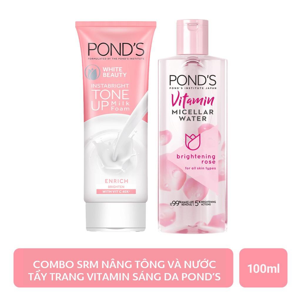 Combo: Nước tẩy trang Vitamin Ponds Micellar Water 100ml+Sữa rửa mặt dưỡng trắng nâng tông Ponds White Beauty 100ml