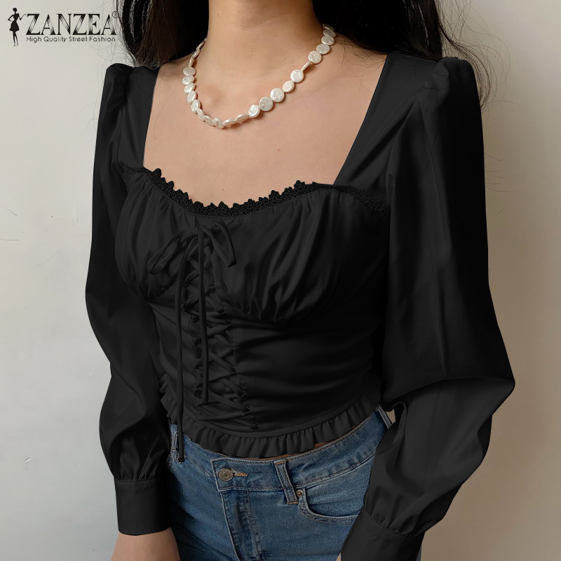 Áo kiểu ZANZEA ngắn dáng ôm tay dài cổ vuông thời trang cho nữ