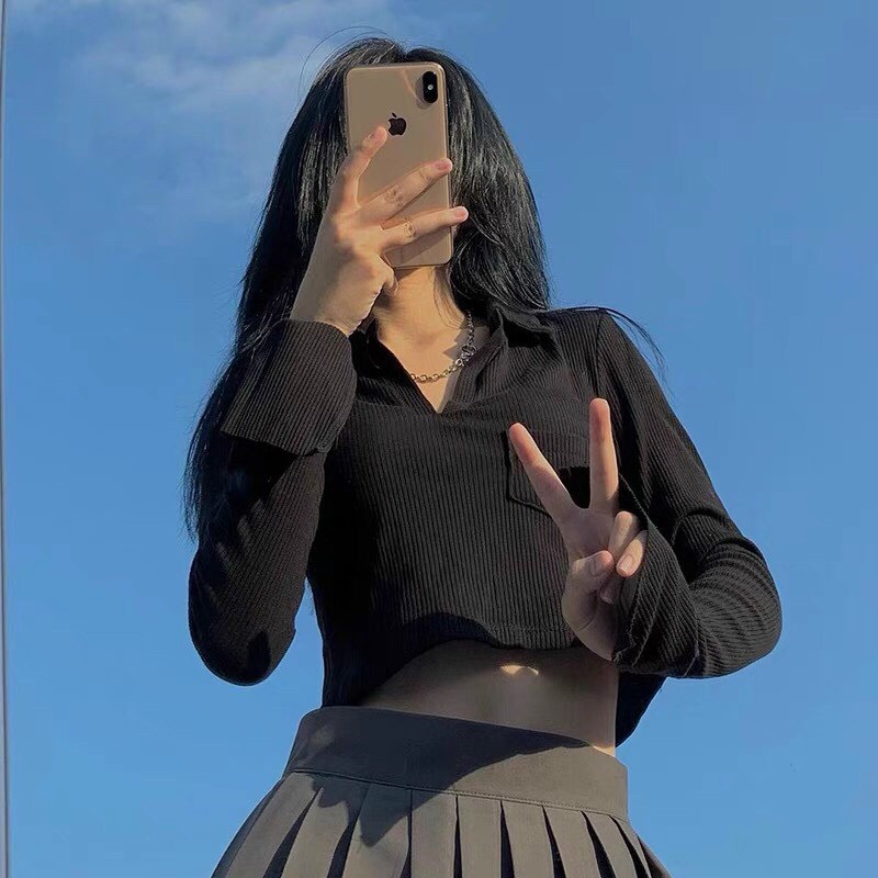 Áo Nữ, Áo Croptop Dài Tay Túi Ngực Siêu Xinh