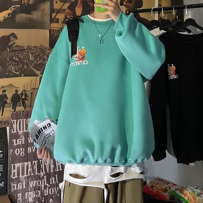 Áo sweater AOKANG cổ tròn dáng rộng in hoạt hình kiểu Hồng Kông thời trang xuân thu cho cặp đôi