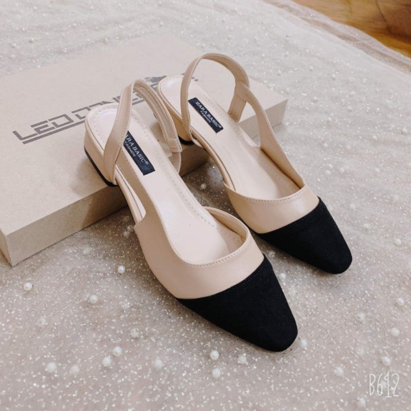 Giày bít mũi vá da lộn hở eo, hở gót thời trang trẻ cao gót 2cm siêu êm