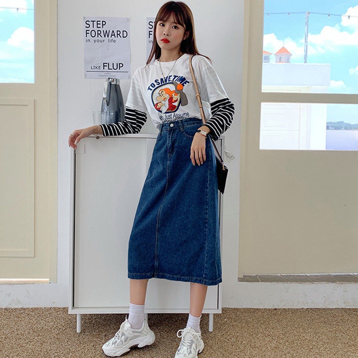 Chân váy jean Lưng Cao Dáng Chữ A Phong Cách Retro Dành Cho Nữ