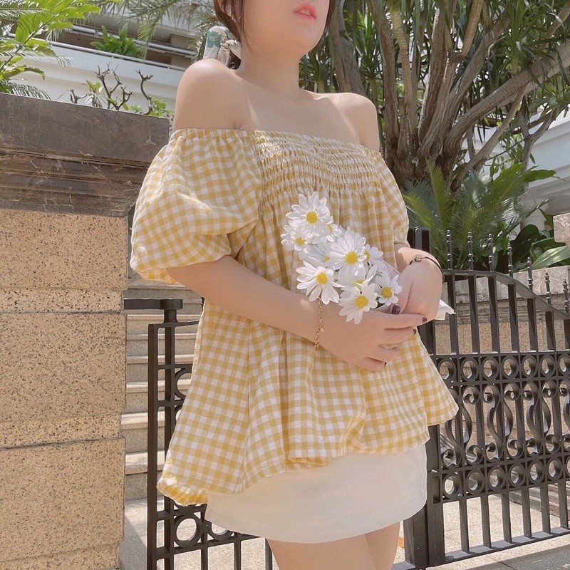 áo kiểu sọc kẻ caro nhúm ngực ngắn tay