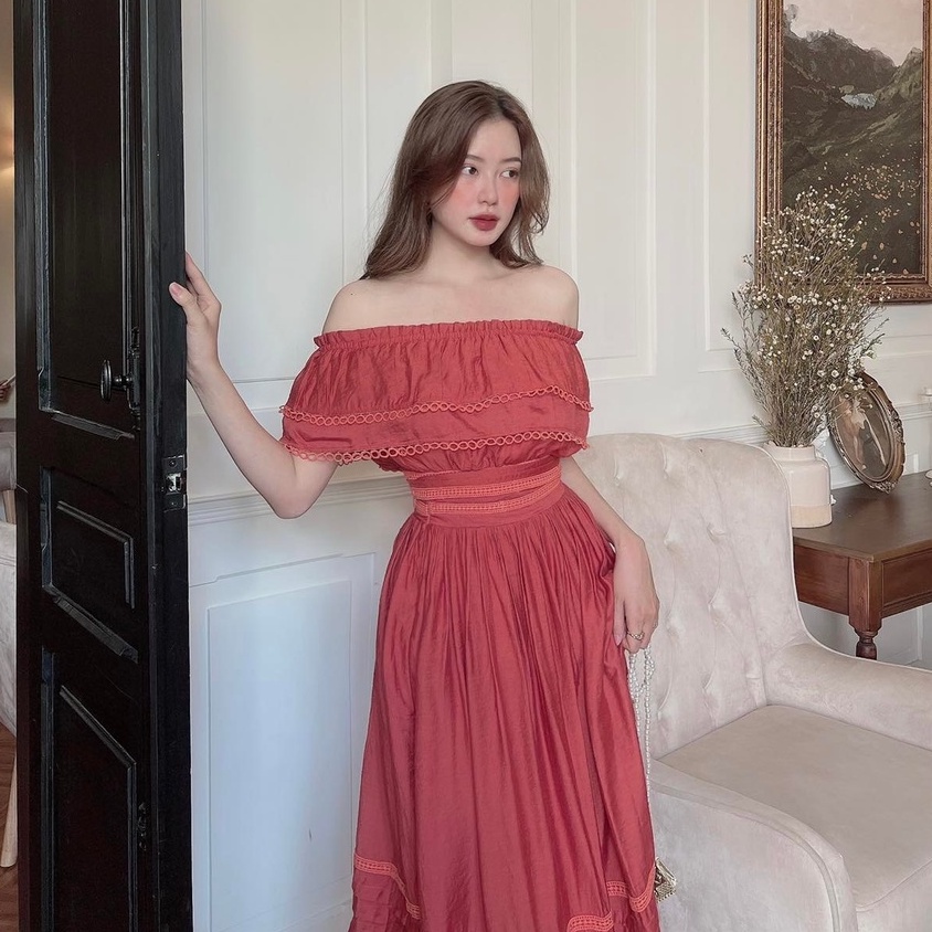 [Ảnh thật] Set áo trễ vai bèo chân váy midi viền ren siêu xinh