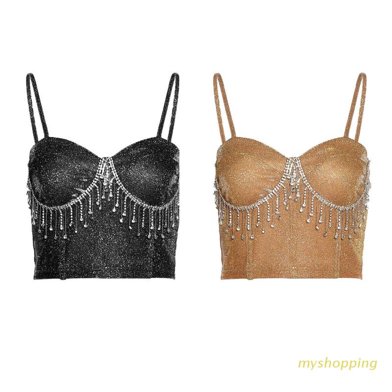 Áo croptop hai dây tua rua đính đá lấp lánh gợi cảm cho nữ