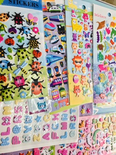 Set 2 tập Sticker 3D nổi, Hình dán xe cộ, con vật, váy áo, công chúa,labubu