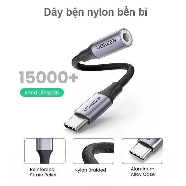 Ugreen 80154 10cm màu xám bộ chuyển USB type C ra 3.5mm Headphone audio hỗ trợ điện thoại Samsung mới AV161