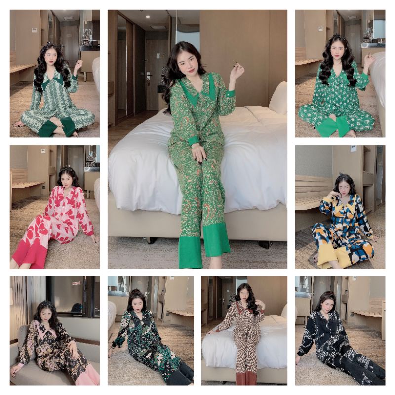 Bộ pijama cỏ nhọn 2 lá tay dài quần dài vải lụa mango , bộ ngủ thiết kế pijama