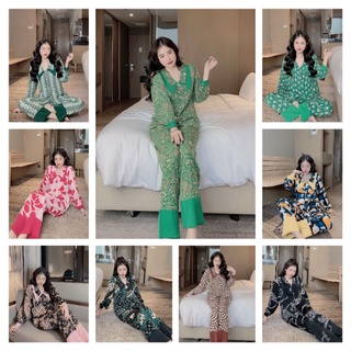 Bộ pijama cỏ nhọn 2 lá tay dài quần dài vải lụa mango , bộ ngủ thiết kế pijama