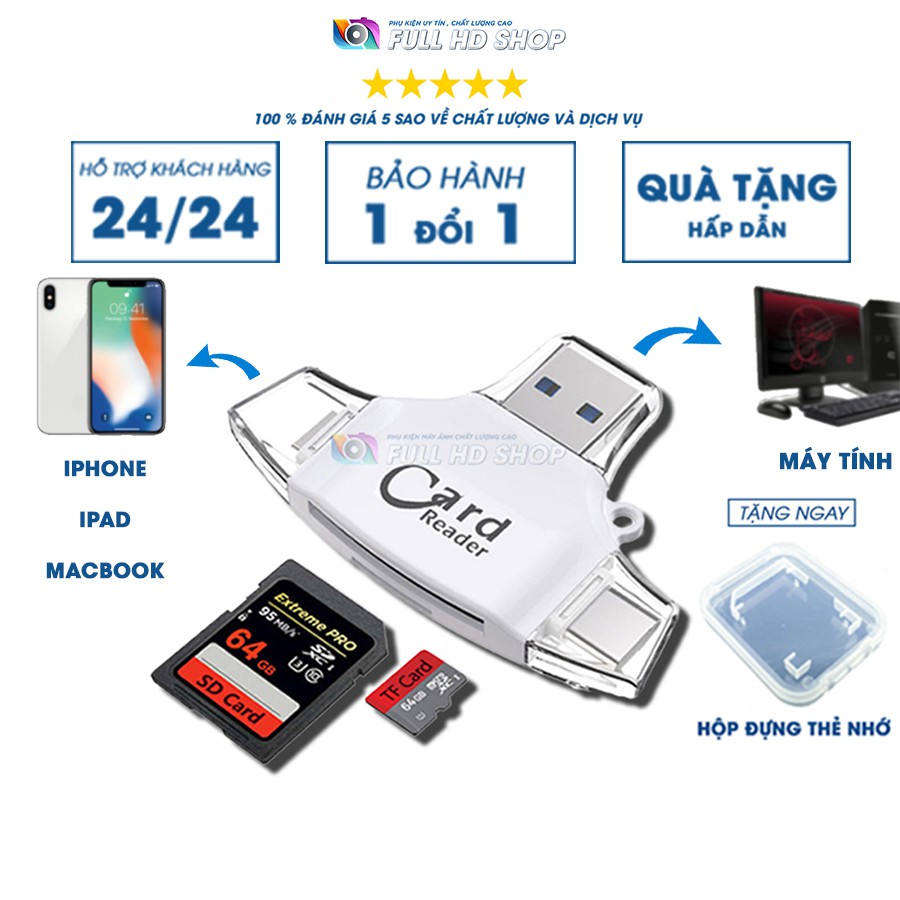 Đầu Đọc Thẻ Nhớ iPhone, Máy tính, Android - Cổng Lightning, Type C, USB, Micro USB cho thẻ nhớ SD, Micro SD