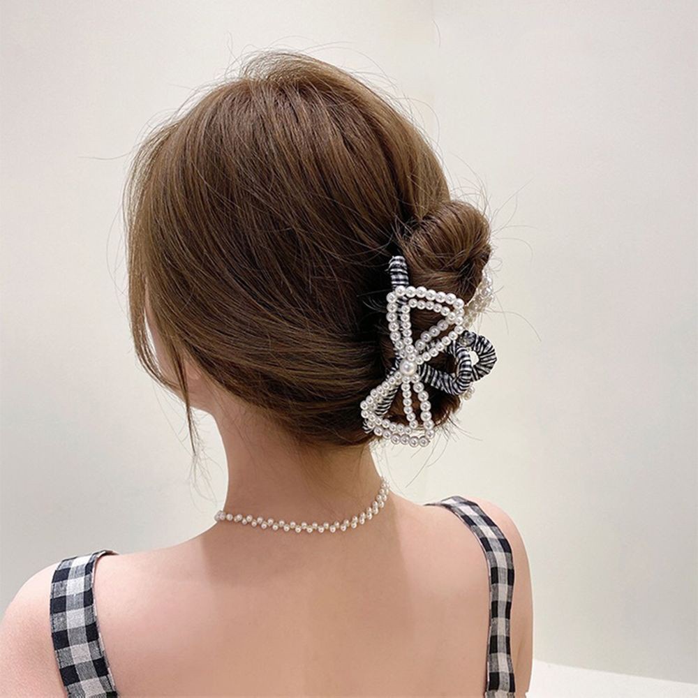 Kẹp bấu tóc đuôi ngựa hai lớp đính nơ và ngọc trai phong cách Hàn Quốc thanh lịch mới cho nữ