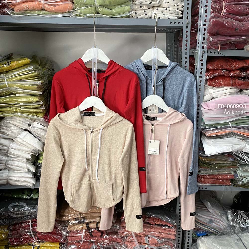 Áo khoác gân croptop lai bầu có nón kéo khóa đắp túi trước tay dài thời trang!