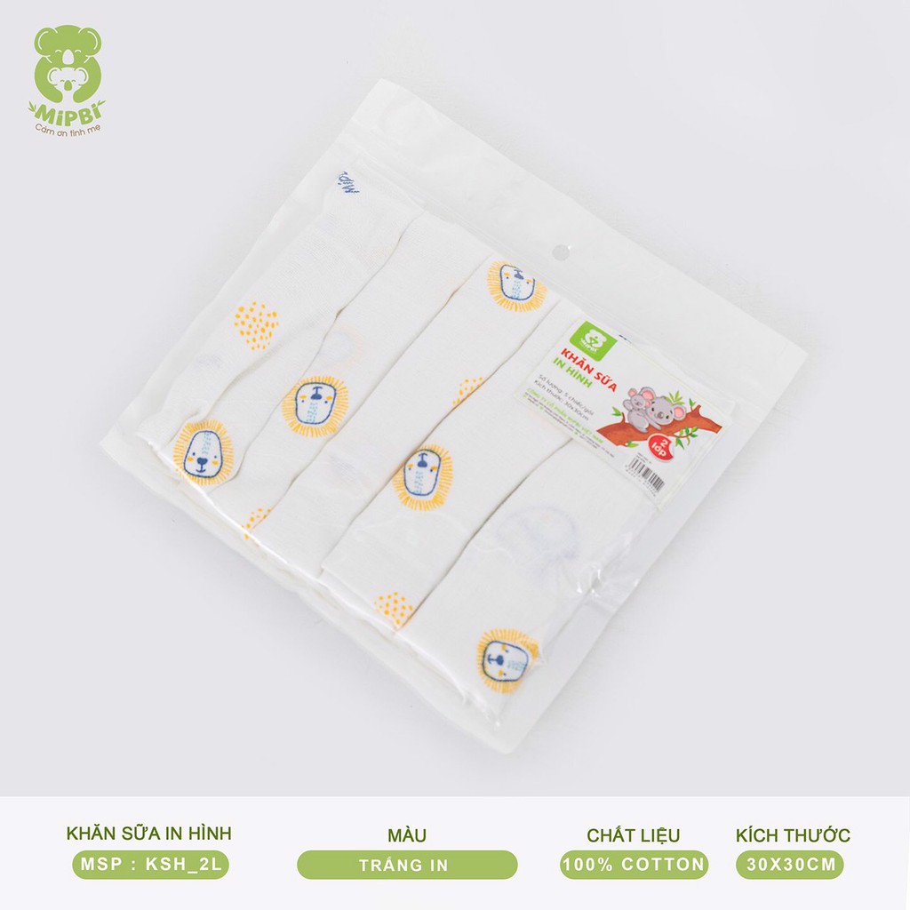 Khăn Sữa in Hình 2 Lớp CAO CẤP MIPBI - 100%Cotton - Sét 5 chiếc - Kích Thước 30*30cm