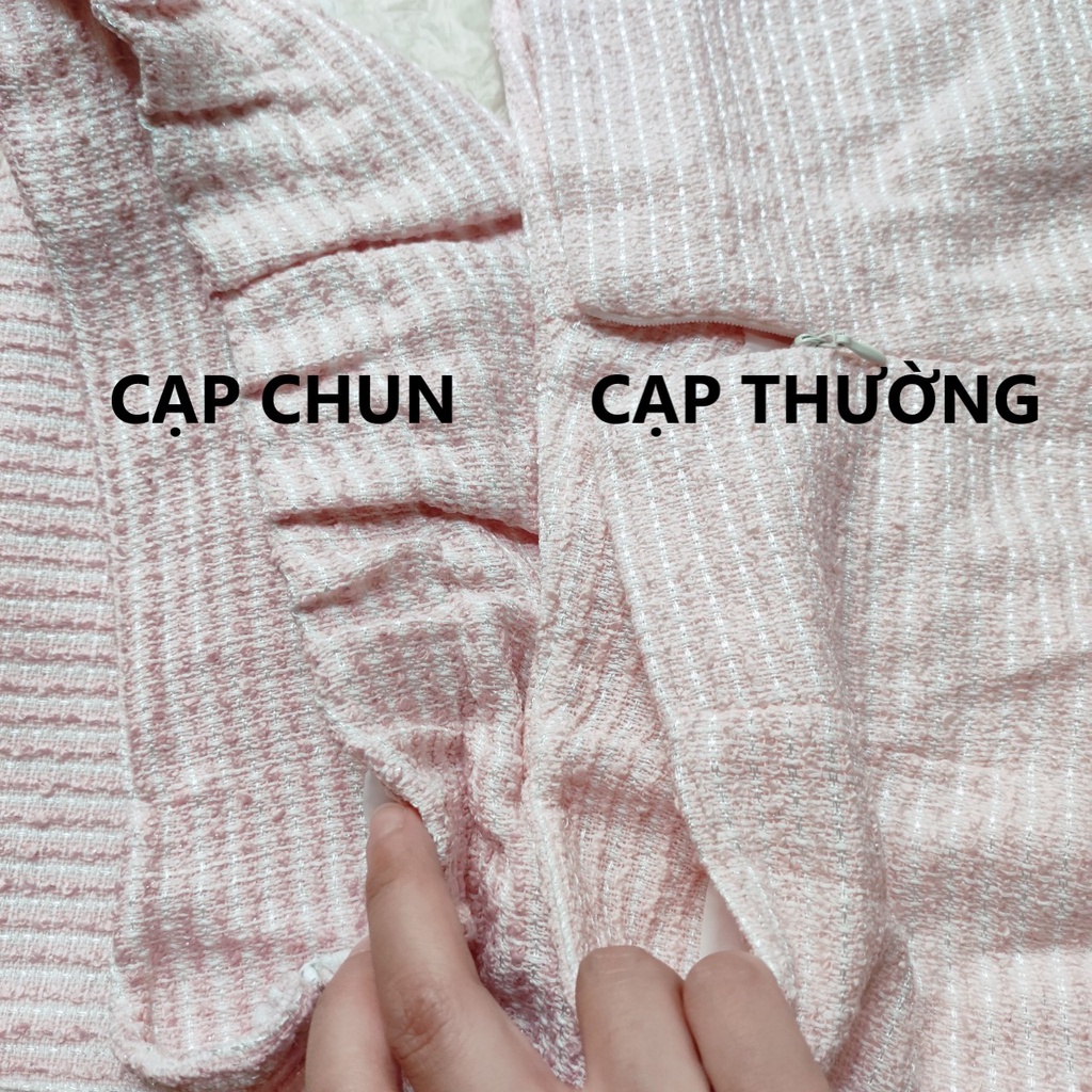 Set áo váy dạ tweed màu hồng cạp chun có ảnh thật AC010
