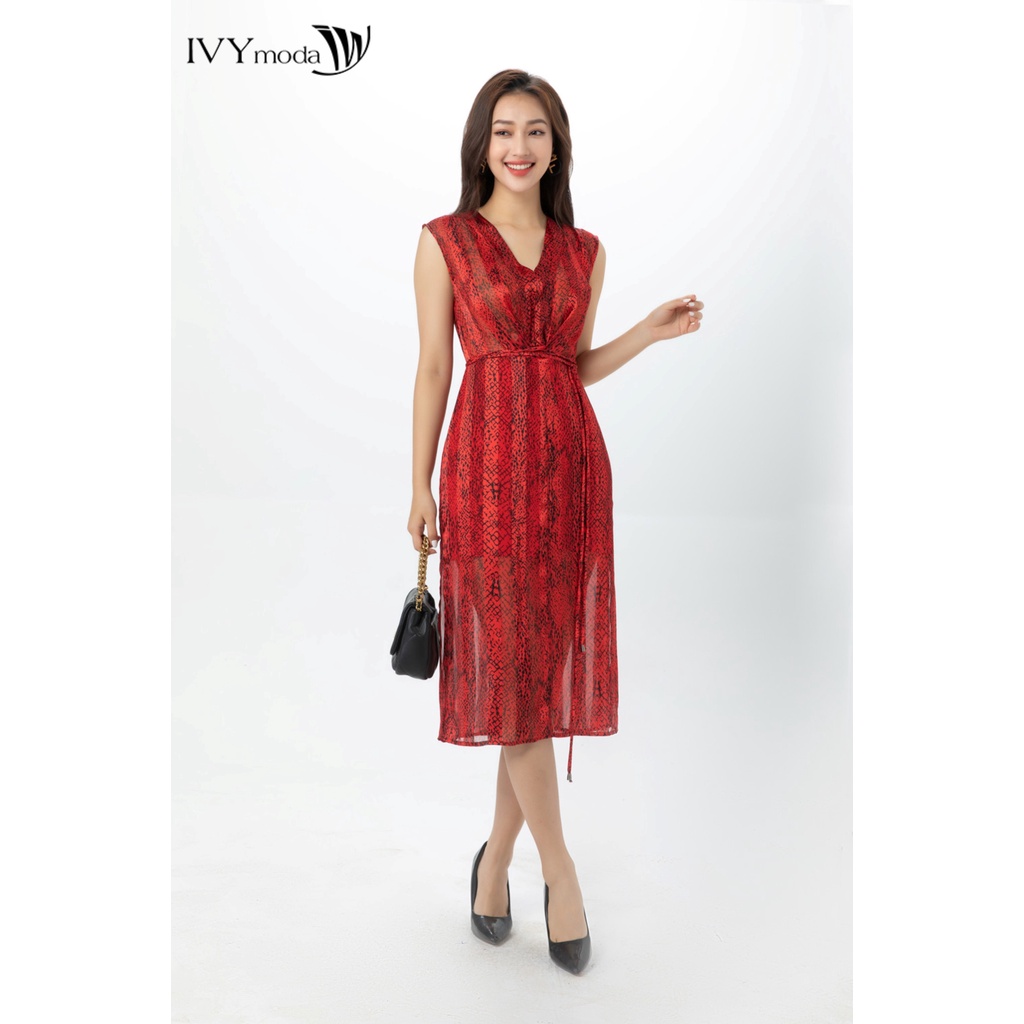 Đầm cổ V phối dây lưng IVY moda MS 41M7376