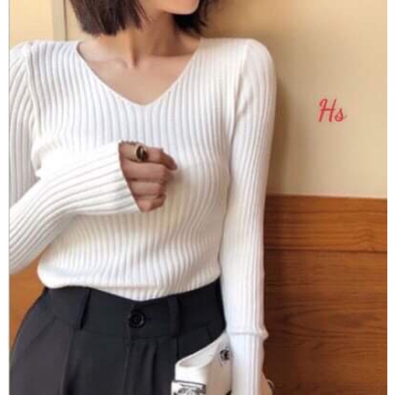 Áo bo gân dài tay cổ v