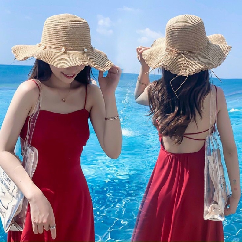 Nón cói Đi biển Vành sóng nơ Dây Hạt Ngọc